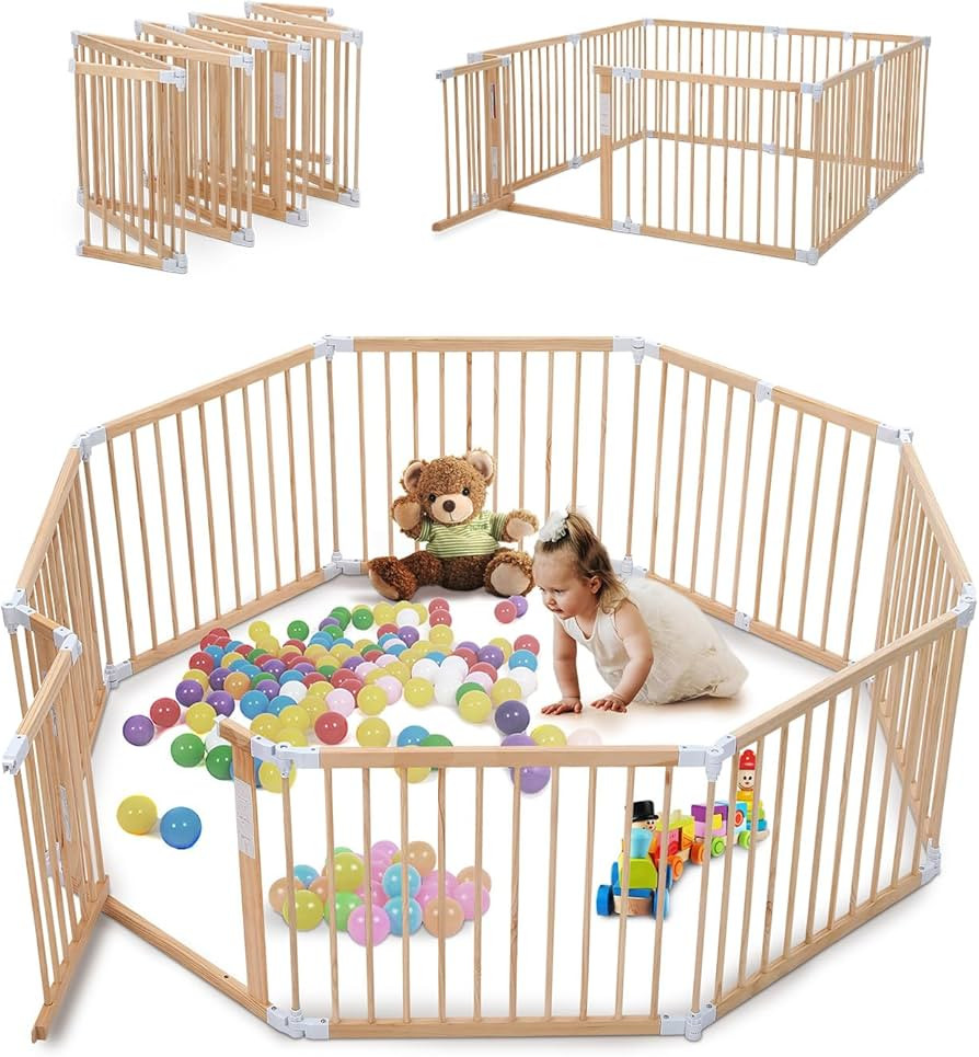 Kidirect Wooden Baby Playpen Foldable, Baby Gate Playpen Pre-Assemble, Large Ajustable Playpen fo... | Amazon (US)