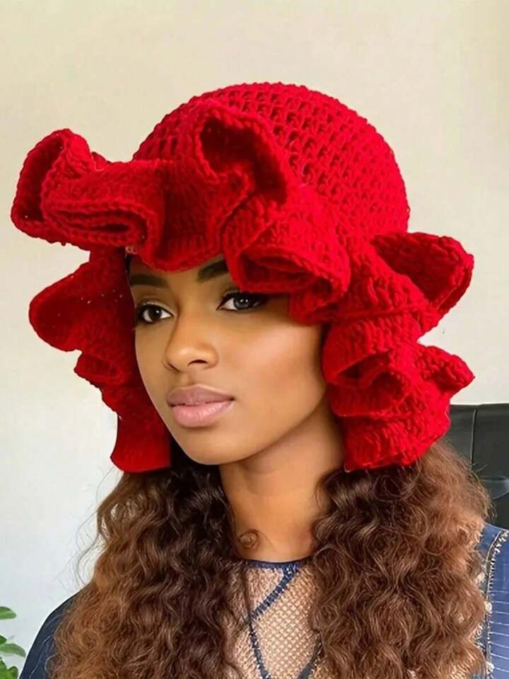 1pc Women's Y2K Style Handmade Crochet Ruffle Edge Knitted Hat,Hollow Knit Bucket Hat, Suitable For Daily Wear, Photography, Party, Picnic, Outdoor Winter Fall Valentine's Day Valentines | SHEIN