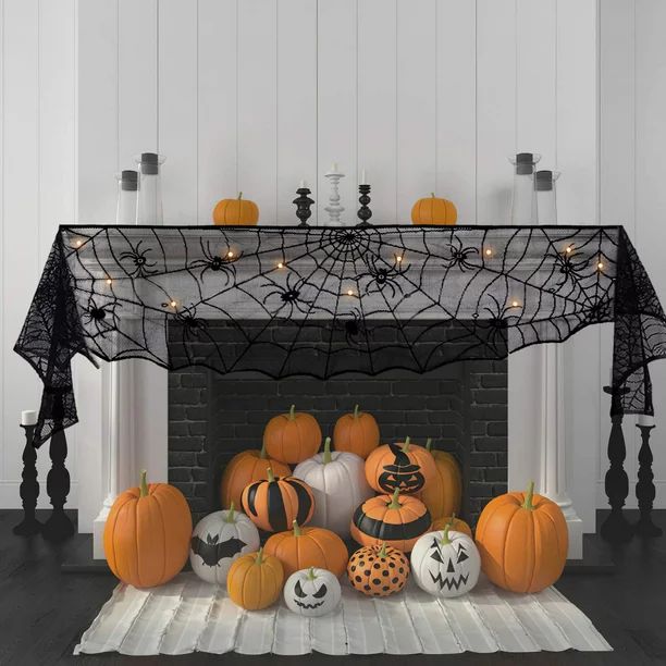 Halloween Decoration Black Lace Spiderweb Fireplace Mantle with String Lights for Halloween Party... | Walmart (US)