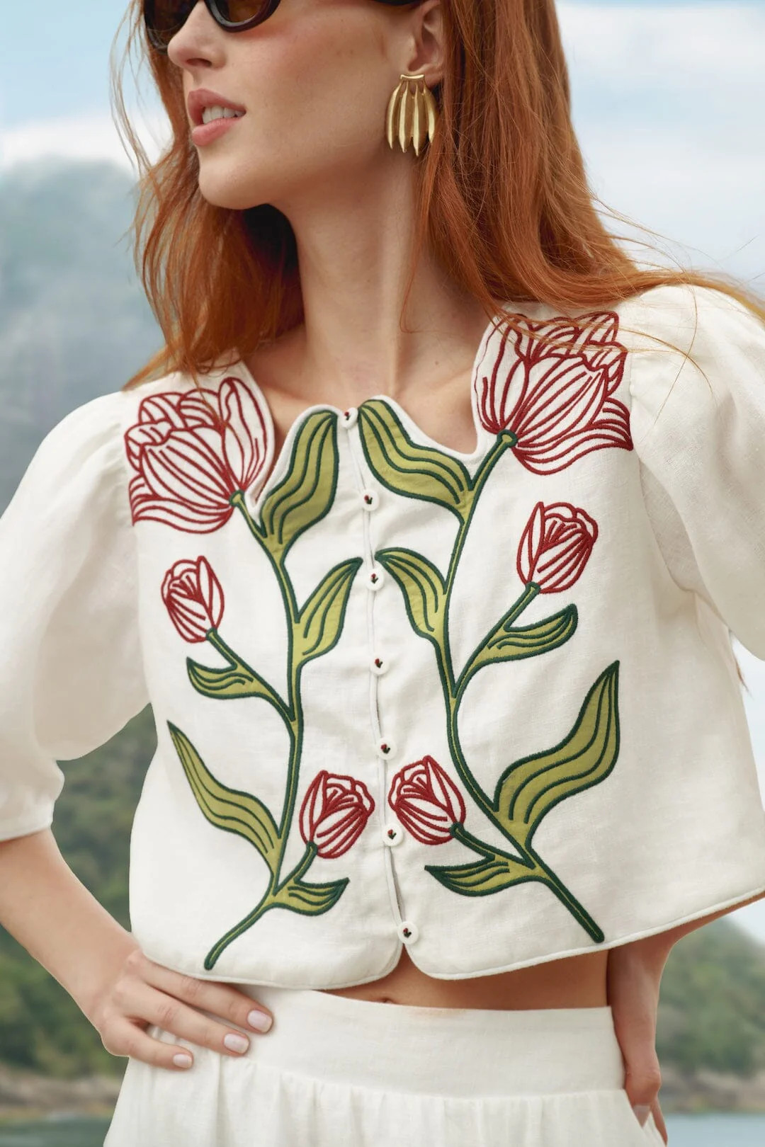 Off-White Flower Embroidered Euroflax Premium Linen Crop Top | FARM Rio | FarmRio (US)