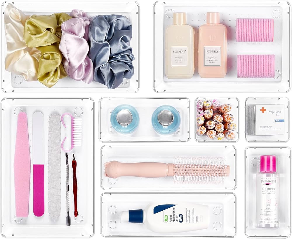 Vtopmart 9 Pcs Drawer Organizer Set, Bathroom Drawer Organizers and Storage, 4 Size Clear Plastic... | Amazon (US)