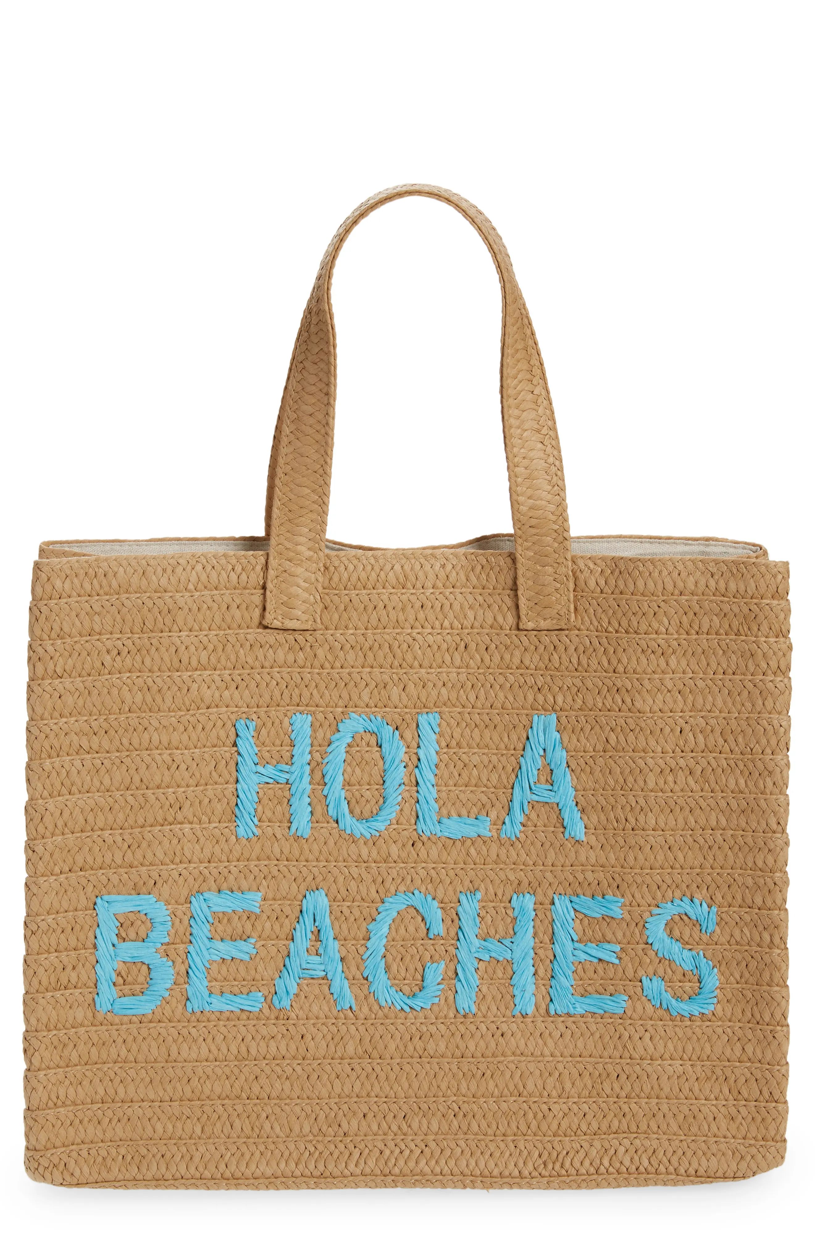 btb Los Angeles Hola Beaches Straw Tote in Sand/Aqua at Nordstrom | Nordstrom