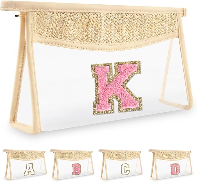 Small Boho Straw Initial Letter Makeup Bag Personalized Gift ,Cute Clear Chenille Patch Makeup Ba... | Amazon (US)