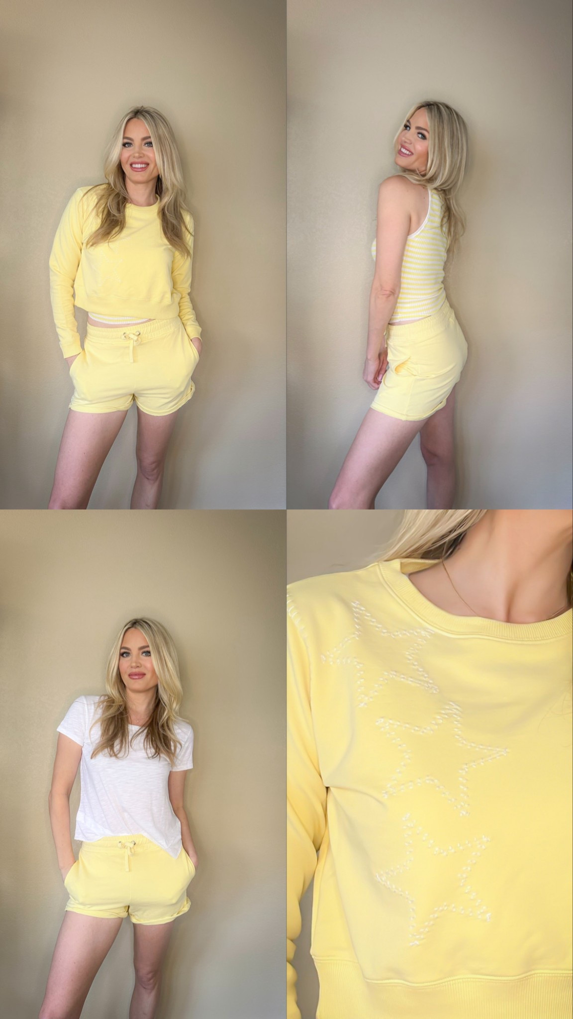This butter yellow lounge set is giving cozy and elevated 🍋☁️ It’s part of a capsule wardrobe collection and so easy to mix and match. I’m wearing a size small in both tanks (white + yellow), a medium in the shorts, and a small in the matching sweatshirt — all super comfy and fit true to size!

The soft yellow color is perfect for spring into summer, whether you’re running errands or relaxing at home.
Linked the full capsule collection + similar soft sets below ✨

	•	butter yellow lounge set
	•	capsule wardrobe set
	•	matching sweatshirt and shorts
	•	summer loungewear
	•	cozy yellow set
	•	white and yellow tank top
	•	neutral capsule basics
	•	mix and match set
	•	size small top, size medium shorts


#LTKTravel #LTKSummerEdit #LTKStyleTip
