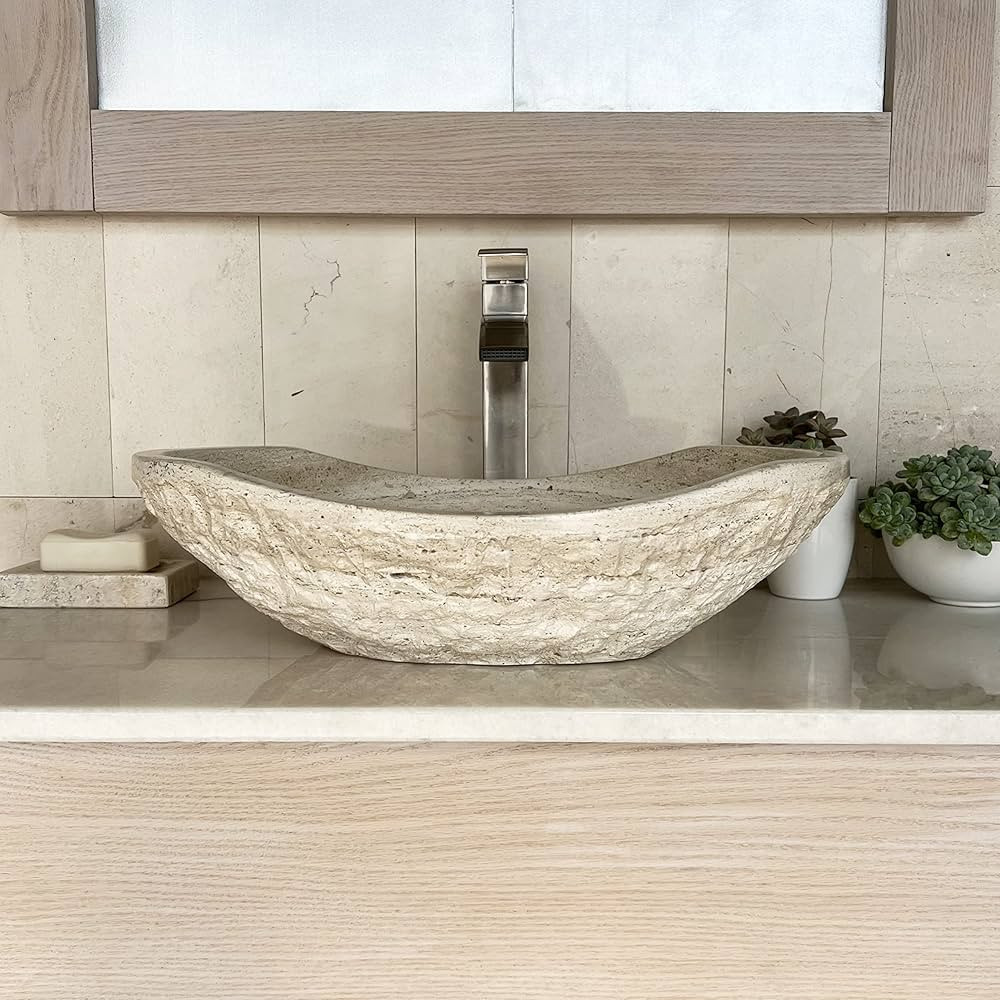 EDUPET Tan Travertine Chiseled Stone Bathroom Vessel Sink - Oval Canoe Shape - 100% Natural Marbl... | Amazon (US)