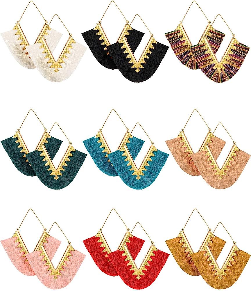 9 Pairs Tassel Statement Earrings Bohemian Fringe Silky Dangle Earrings V Shaped Handmade Geometr... | Amazon (US)