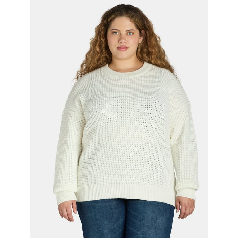 Time and Tru Women's and Women's Plus Waffle Stitch Sweater with Long Sleeves, Midweight, Sizes X... | Walmart (US)