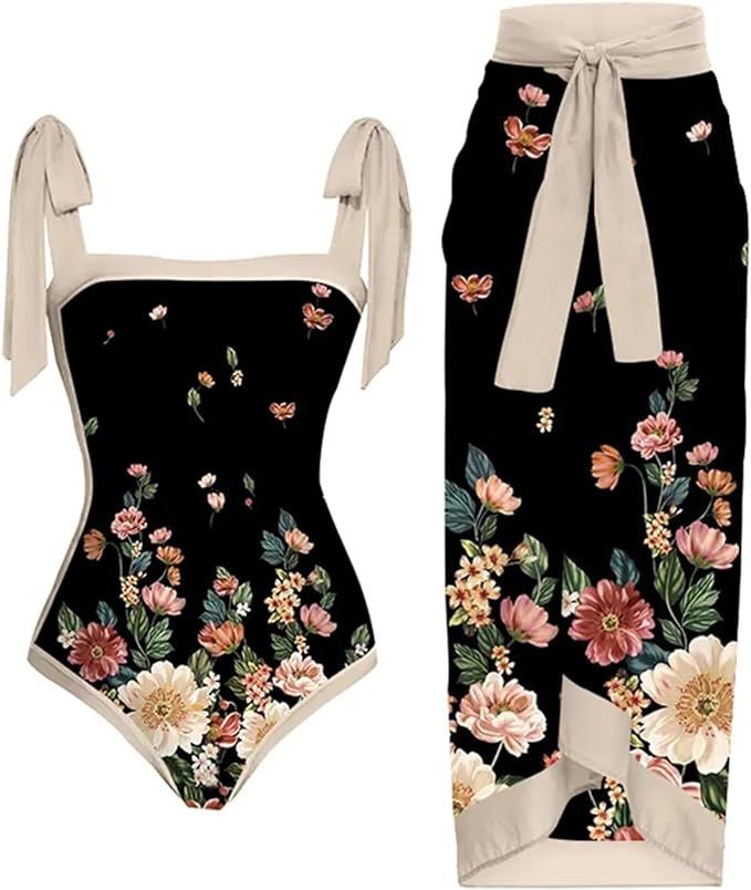 One Piece Bathing Suit for Women with Bikini Maxi Wrap Skirts 2 Piece Floral Print Swimsuit Tummy... | Amazon (US)