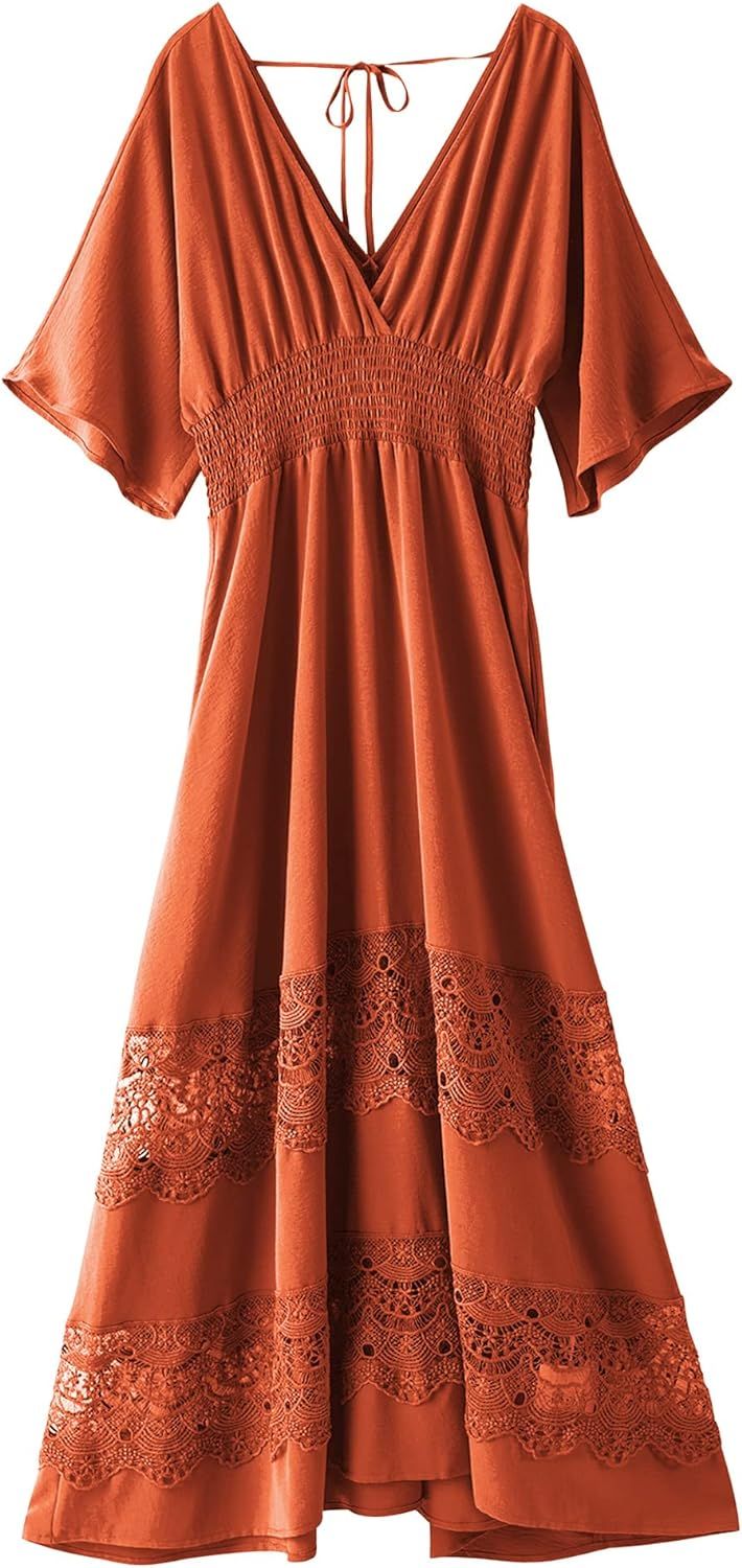Olaesa Women's Lace Maxi Dress Short Sleeve V Neck Party Dress Smocked Waist Boho Maxi Dress Bohe... | Amazon (US)