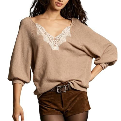Lentta Women's Lace V Neck Oversized Sweater Fall Loose Knit Pullover Casual Soft Blouse Top for Daily Wear(Brown-L) | Amazon (US)