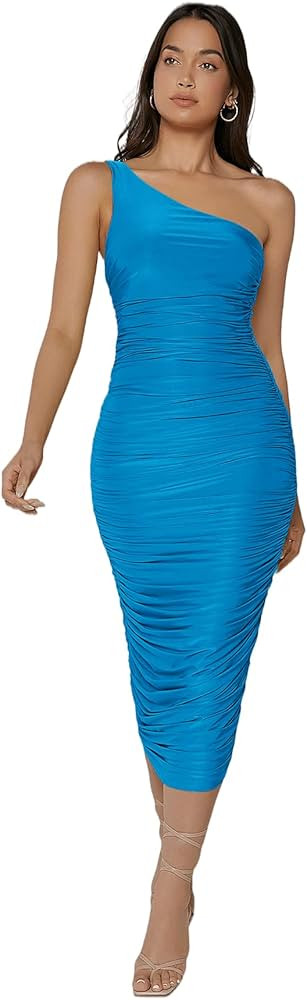 SheIn Women's Ruched One Shoulder Backless Bodycon Dress Sleeveless Midi Dresses | Amazon (US)
