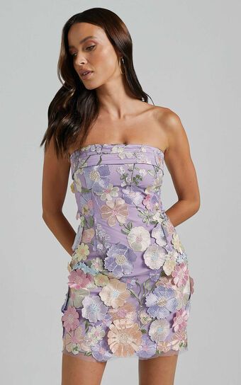 Wren Mini Dress - Strapless Bodycon Garden Flowers Dress in Lilac | Showpo (US, UK & Europe)