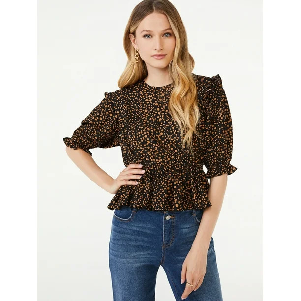 Scoop Women's Printed Peplum Top with Short Sleeves | Walmart (US)