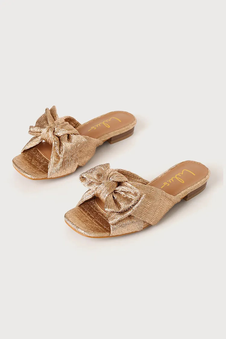 Lortho Rose Gold Metallic Pleated Bow Slide Sandals | Lulus