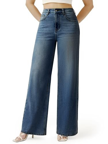 Womens Wide Leg Jeans High Waisted Stretch Denim Pants Loose Fit Casual Baggy Jeans with Classic 5 Pockets Deep Blue | Amazon (US)