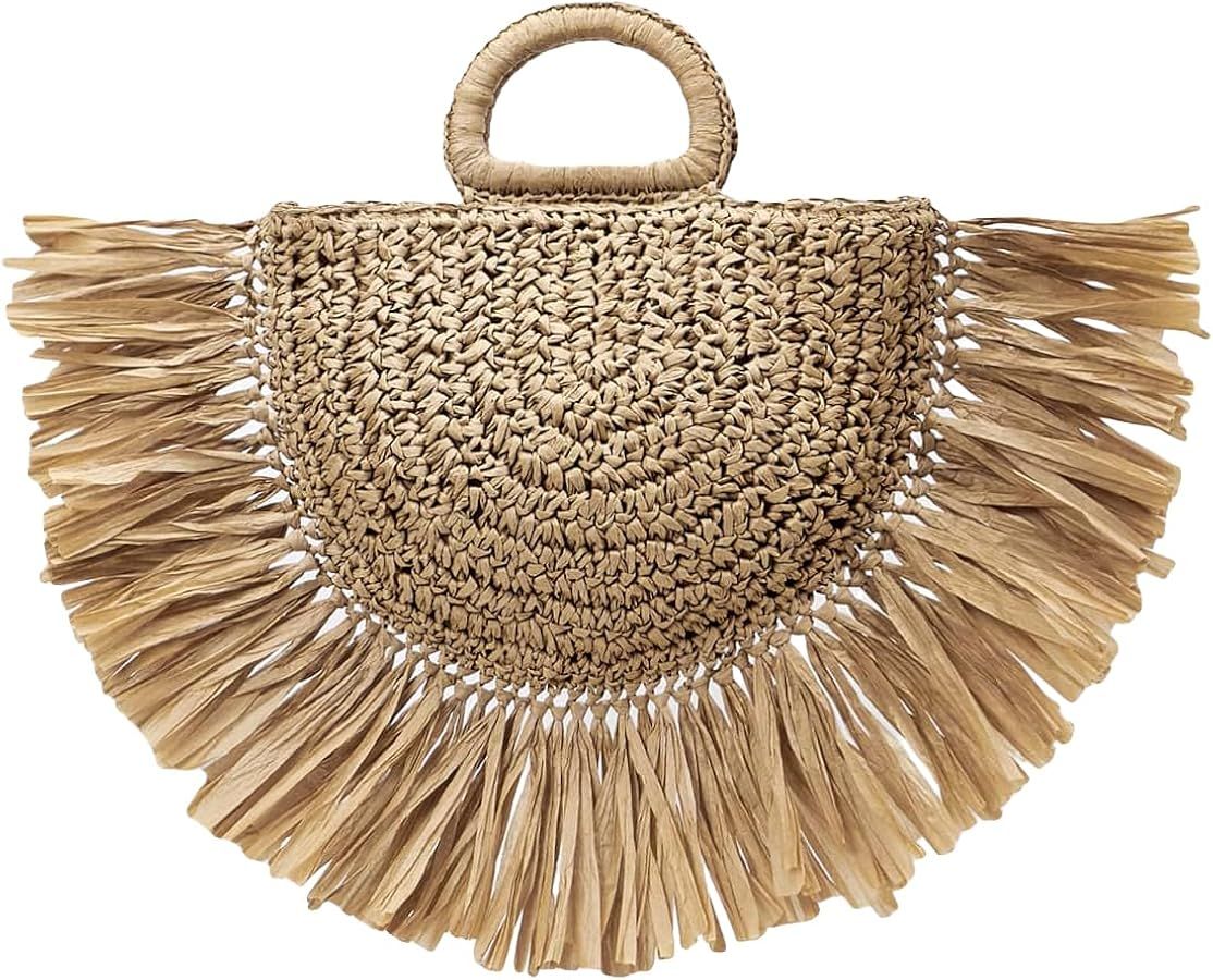 WDIRARA Women's Fringe Large Straw Handbag Handwoven Hobo Bag Summer Beach Tote Bag | Amazon (US)