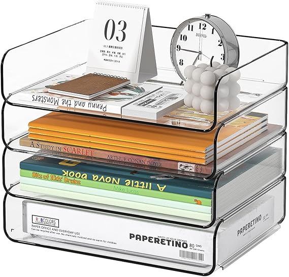 4-Tier Acrylic Paper Tray Organizer - Low-Profile Desk File Sorter for Office/Home, Clear Stackab... | Amazon (US)