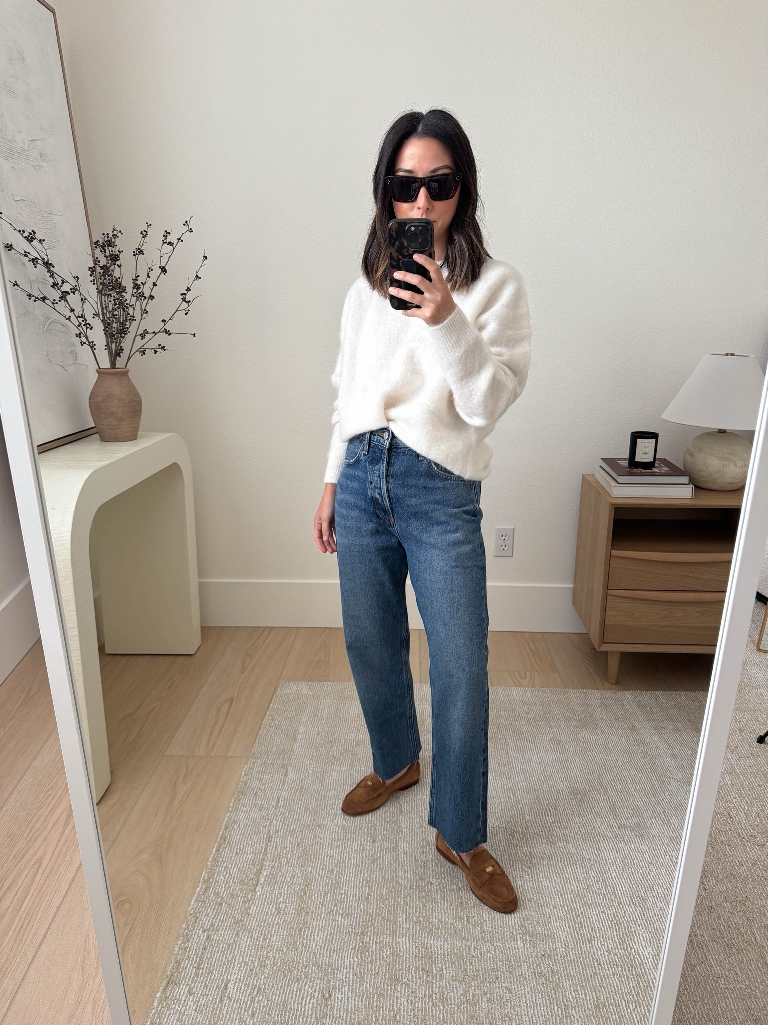 Love a fuzzy sweater for this time of year. They're a great way to make any outfit more festive. 
Jeans are amazing. The wash is the perfect medium wash and it's a great straight leg. Says mid rise, but they're still high rise on me.  

Nordstrom Fuzzy Sweater xs. Runs big, size down. 
AGOLDE jeans 25. Sized up and cut hems. I'd say these run TTS, tho. 
Veronica Beard Loafers 5.5
Celine sunglasses

Fall outfits, fall fashion, petite style, holiday outfits, jeans 

#LTKHoliday #LTKShoeCrush #LTKSeasonal