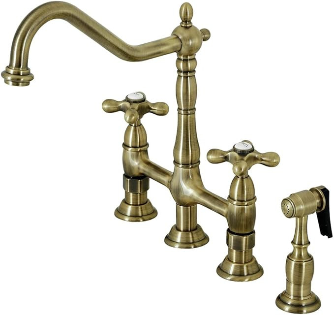 Kingston Brass KS1273AXBS Heritage 8-Inch Kitchen Bridge Faucet with Brass Sprayer, Antique Brass... | Amazon (US)