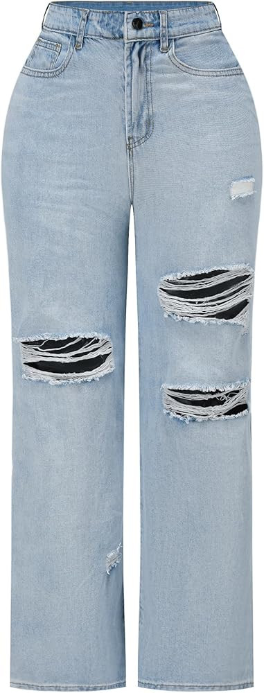 THUNDER STAR Womens High Waisted Wide Leg Jeans Stretchy Distressed Denim Pants | Amazon (US)