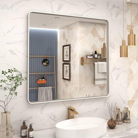 TokeShimi 30 x 36 Inch Brushed Silver Bathroom Mirror for Wall Brushed Brass Metal Rounded Corner... | Amazon (US)