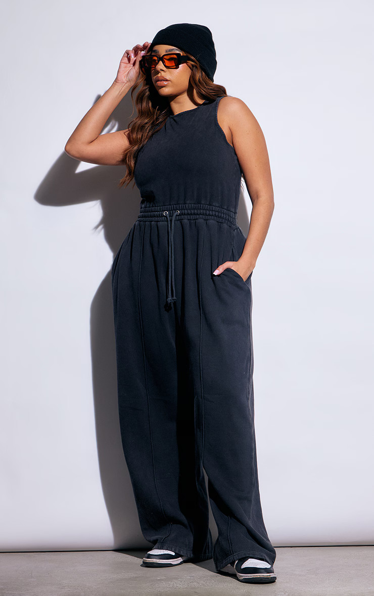 Plus Washed Black Scoop Neck Sweat Wide Leg Jumpsuit | PrettyLittleThing US