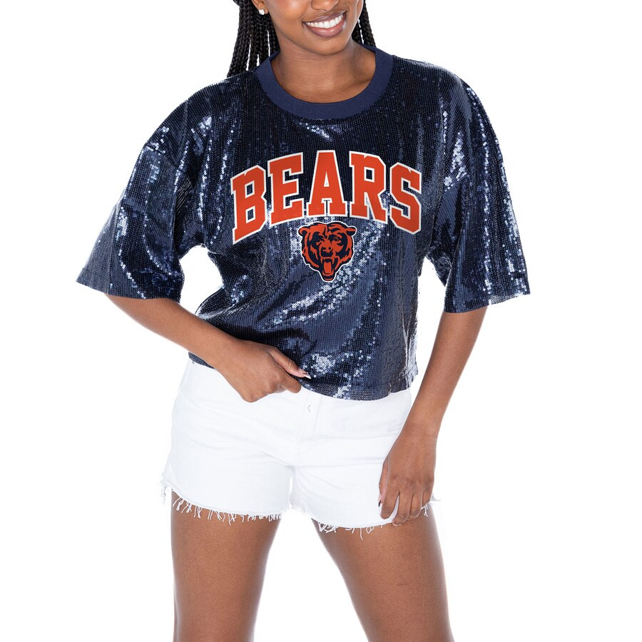 Women's Chicago Bears  Gameday Couture Navy Rise Up Sequin Cropped T-Shirt | NFL Shop