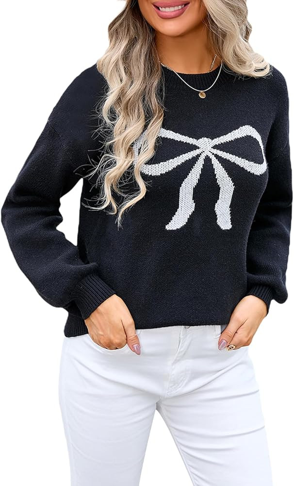 Women Y2K Fall Sweater Cute Bow Print Long Sleeve Cable Knit Pullover Casual Oversized Jumpers fo... | Amazon (US)
