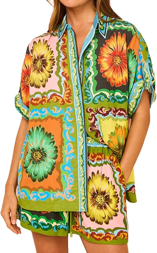 Kissonic Womens Summer Print 2 Piece Pajama Sets Boho Short Sleeve Button Down Shirt Wide Leg Pan... | Amazon (US)