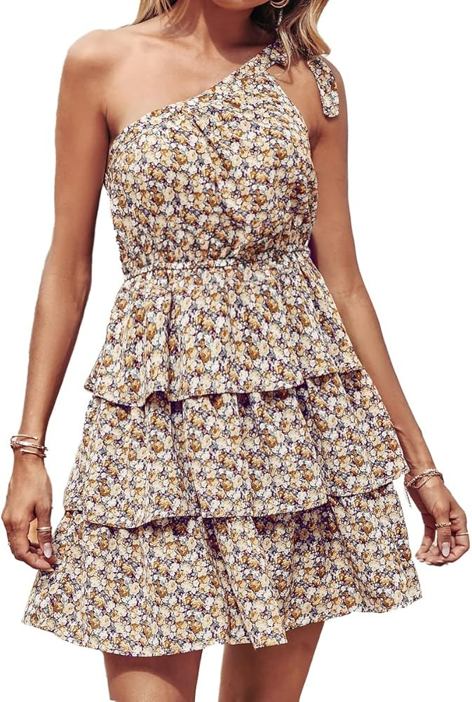 PRETTYGARDEN Women's Summer Tie One Shoulder Boho Floral Dress Elastic Waist Tiered Ruffle A Line Fl | Amazon (US)