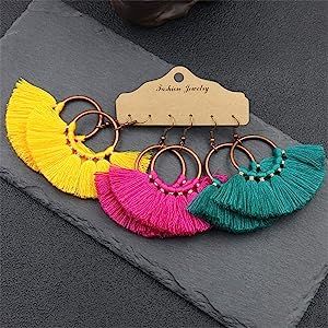 Tassel Hoop Earrings for Women Colorful Fan Shape Drop Earrings Statement Earrings for Women Girl... | Amazon (US)