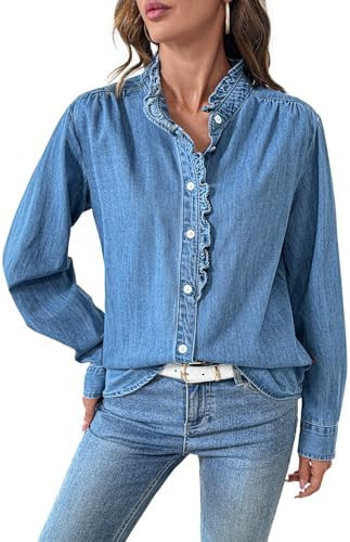 Sidefeel Womens Denim Shirt Button Down Long Sleeve Ruffled Edge Jean Blouses Tops | Amazon (US)