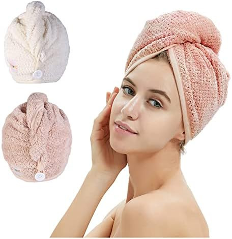 2 Pack Microfiber Hair Towel Wrap,Hair Drying Towel with Button, Hair Towel Turban,Quick Dry,Anti... | Amazon (US)