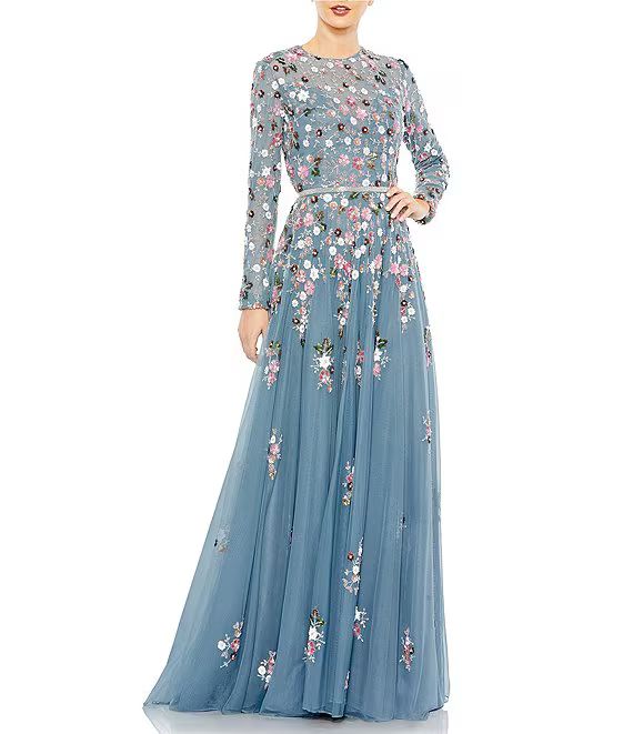 Floral Print Sequin Jewel Neck Long Sleeve Cascading A-Line Gown | Dillard's