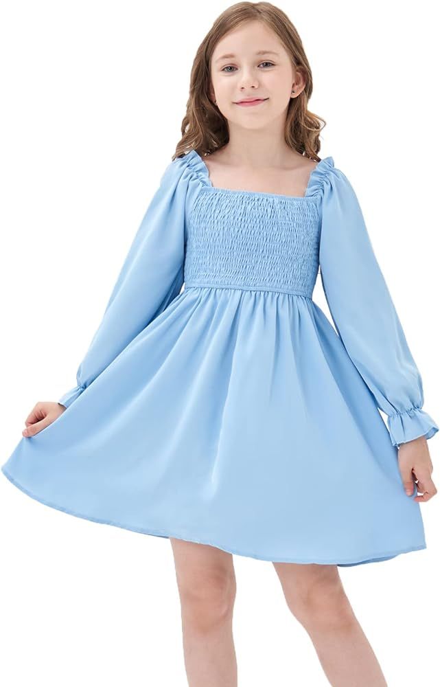 LUCKYGAL Girls Lantern Sleeve Dresses Kids Ruffle Smocked Square Neck Midi Dress | Amazon (US)