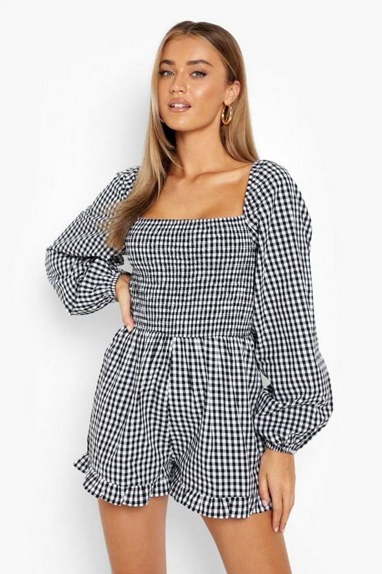 Shirred Frill Hem Gingham Romper | Boohoo.com (US & CA)