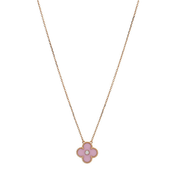 18K Rose Gold Diamond Pink Porcelain Vintage Alhambra Pendant Necklace | FASHIONPHILE (US)