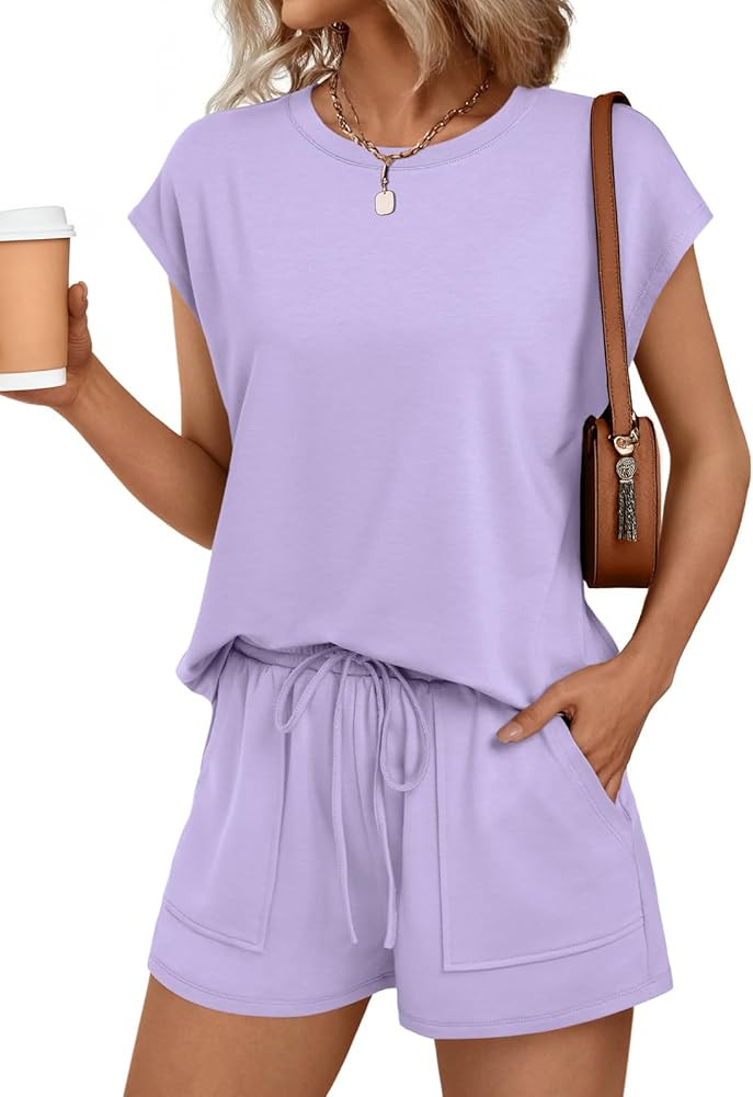LILLUSORY Womens Crew Neck Cap Sleeve Drawstring Two Piece Summer short Sets Sweatsuit with Pocke... | Amazon (US)