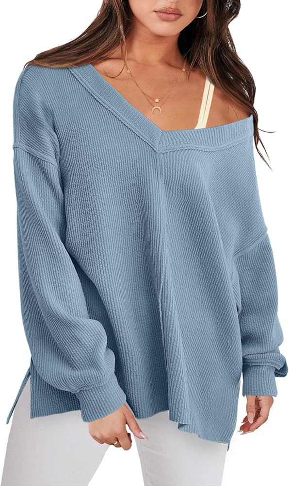 ANRABESS Women Long Sleeve Shirt V Neck Off Shoulder Oversized Knit Pullover Sweatshirt Loose Hig... | Amazon (US)