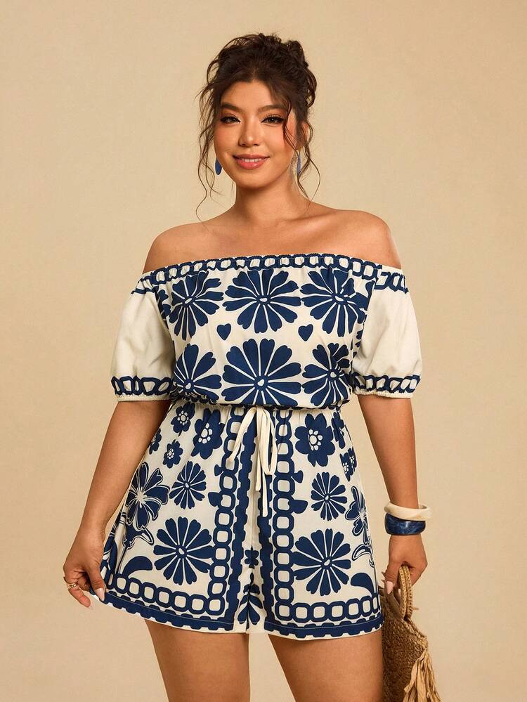 SHEIN TRVLCHIC Plus Size Women Blue & White Floral Print Short Jumpsuit, Off-Shoulder Short Sleeve Cinched Waist Jumpsuit, Casual Holiday Jumpsuit Spring Outfit Women Summer Holiday Outfits Beach Outfit For Women Vacation Outfits Tropical Print Blue And White Floral Romper Off Shoulder Romper Off Shoulder Dress Dresses For Woman Plus Size Rompers For Women Off Shoulder Summer Dress | SHEIN