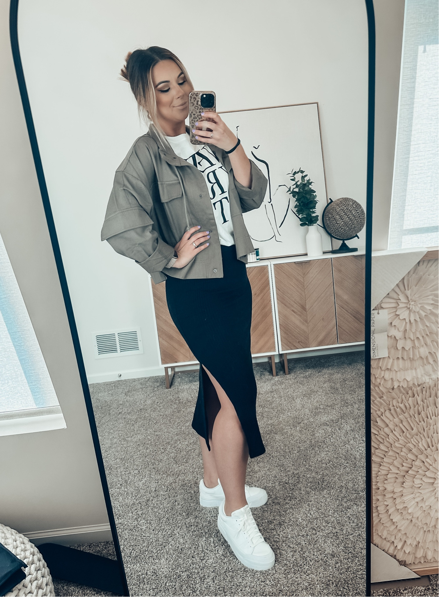 Olive green relaxed utility jacket, white graphic tees, black midi skirt with side slit,  all white Nike court legacy lift. In stock in all sizes! Amazon best selling no show socks on sale for $14 plus additional 5% off at checkout. 

Shoes - sized down a half size 
Top - medium TTS 
Jacket - medium TTS oversized fit 
Skirt - medium TTS 

#LTKworkwear #LTKSale #LTKshoecrush