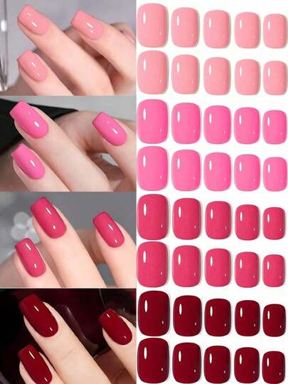 ARTAUG 96pcs Abrazine Solid Color Nail Stickers, 4 Different Nude Shades, Glossy Finish, Wearable, Cute Short Square Fake Nails, Removable, Manicure Sticker Set, New Year Gift For Women And Girls - Red Nails Nail Supplies | SHEIN