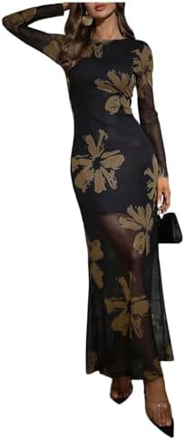 GORGLITTER Women's Slimming Bodycon Maxi Dresses Mesh Floral Long Sleeve Winter Wedding Guest Bir... | Amazon (US)