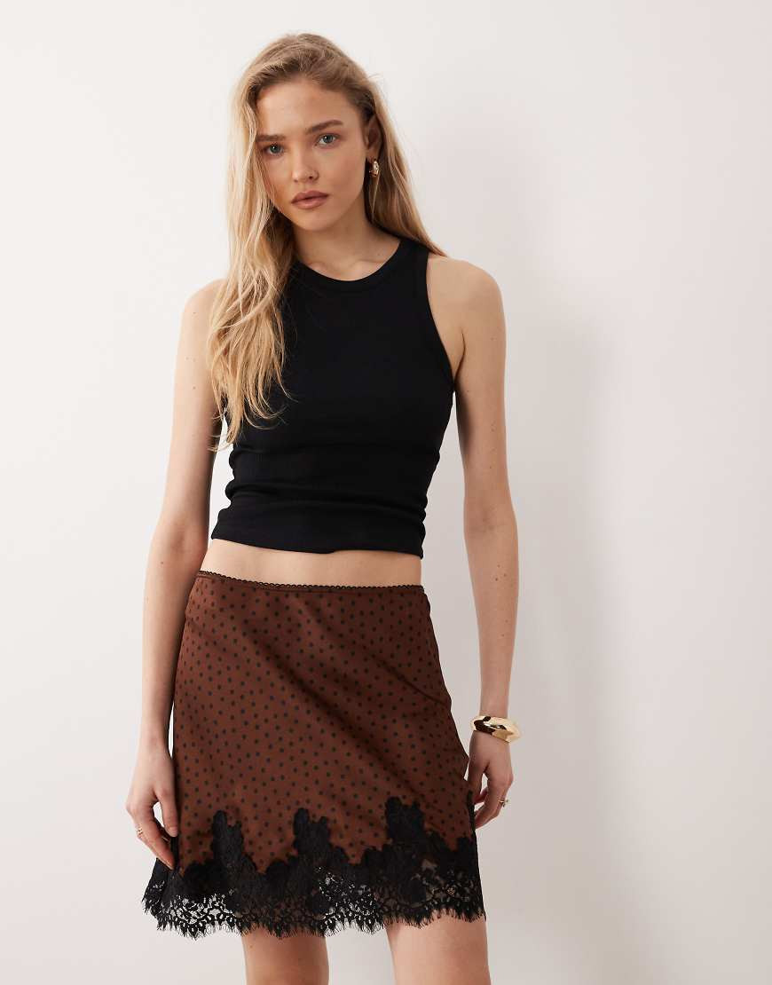 Mango mini skirt with lace trim in brown and black polka dot | ASOS (Global)