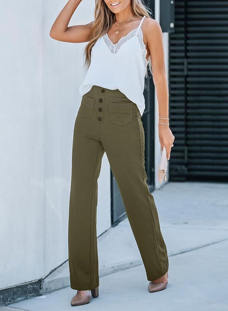 EVALESS Women's Casual Straight Leg Pants High Waisted Button Down Stretchy Business Work Trousers w | Amazon (US)