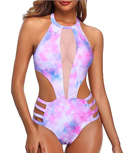 Tempt Me Women One Piece Sexy Mesh Swimsuit Tie Dye High Neck Cutout Monokini L | Amazon (US)