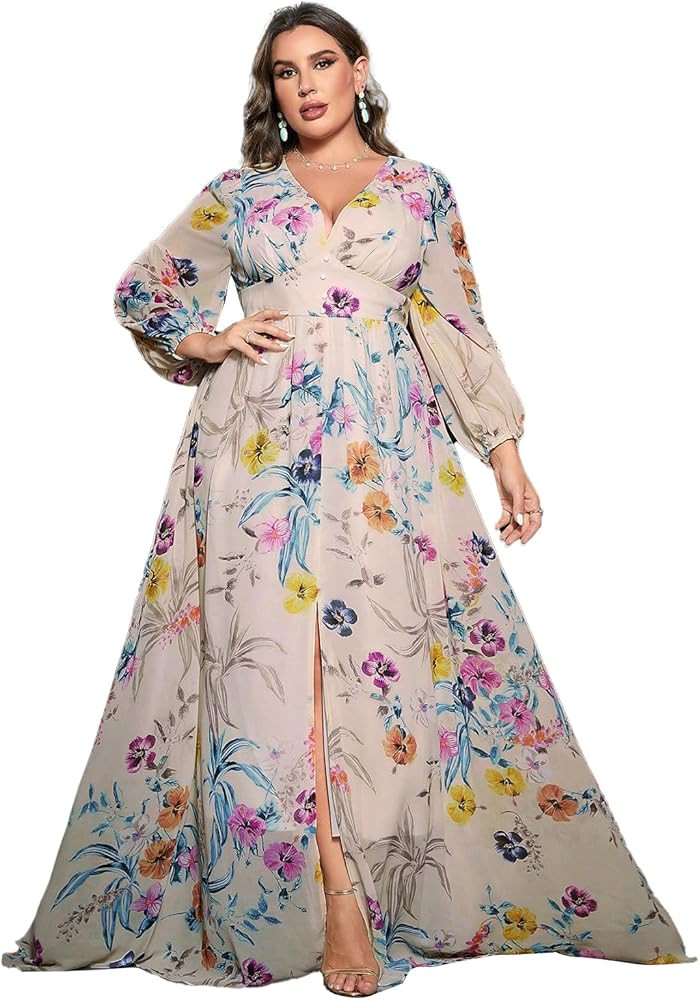 Women's Plus Size Dress V Neck Rose Embroidery Mesh Elegant Formal Maxi Dresses | Amazon (US)