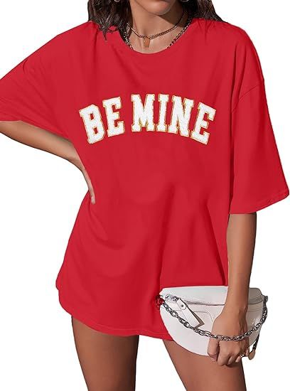Be Mine Valentines Day Shirts: Women Towel Embroidery Letter Print Oversized T-Shirt Valentine's ... | Amazon (US)