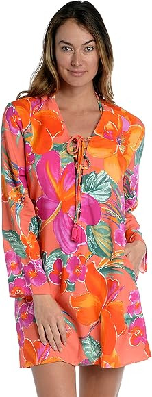 La Blanca Womens Lace Tunic Swimsuit Swimwear Cover Up, Hot Coral Isla Del Sol, Large US | Amazon (US)
