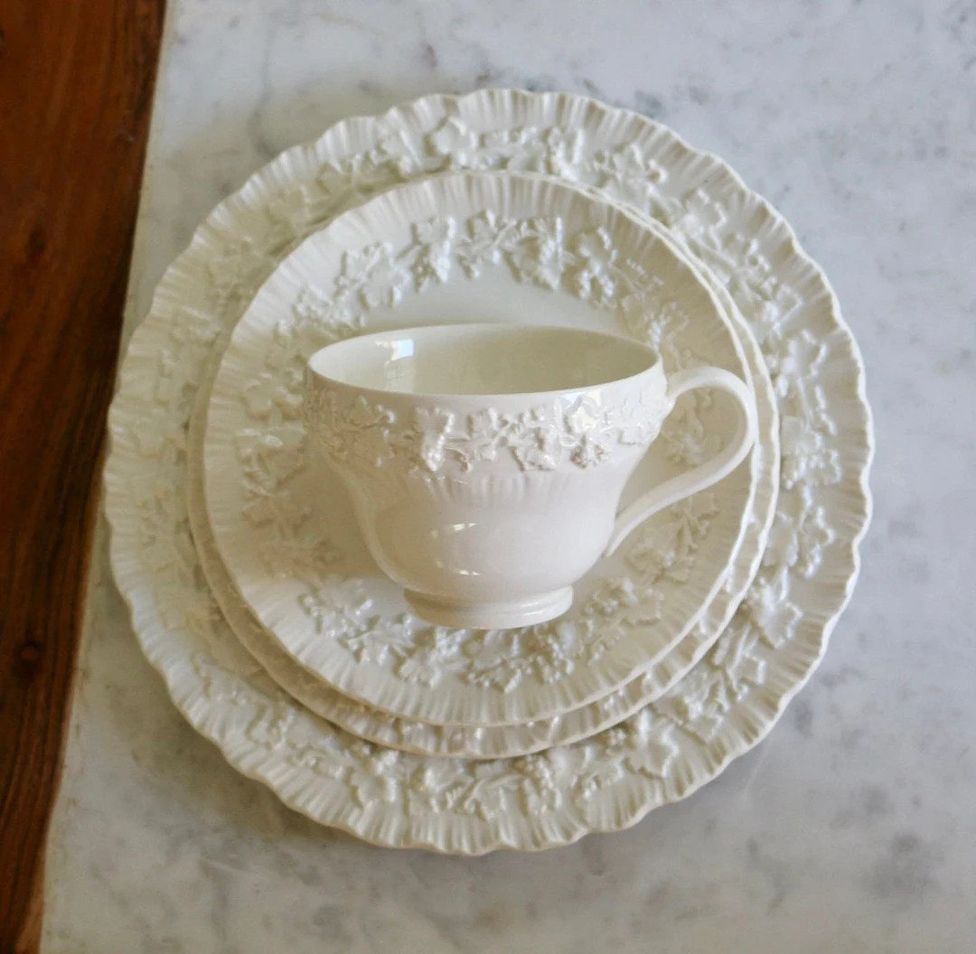 Wedgwood Queensware Embossed Floral Cream Color Cup Saucer Bread Dish Salad Dish | Etsy (US)